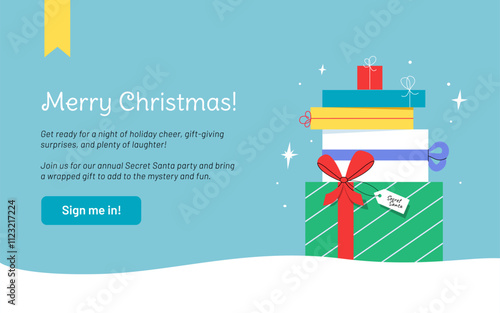 Charming Christmas vector illustration. A pile of gift boxes from Secret Santa, in snow surrounded with stars. Concept for party invitation or web banner