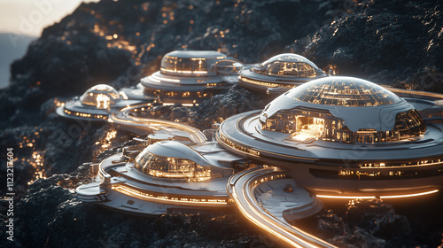 A cosmic metropolis with domed parks on a massive asteroid, connected by gleaming magnetic pathways in the galaxy. photo