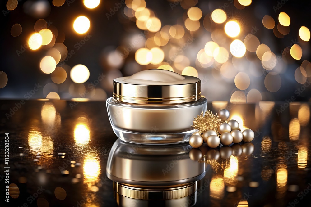 Night Photography of a Stylish Cosmetic Container Design with Soft Lighting and Elegant Reflections Against a Dark Background for Beauty Product Promotion Night Photography of a Stylish Cosmetic Container Design with Soft Lighting and Elegant Reflections Against a Dark Background for Beauty Product Promotion