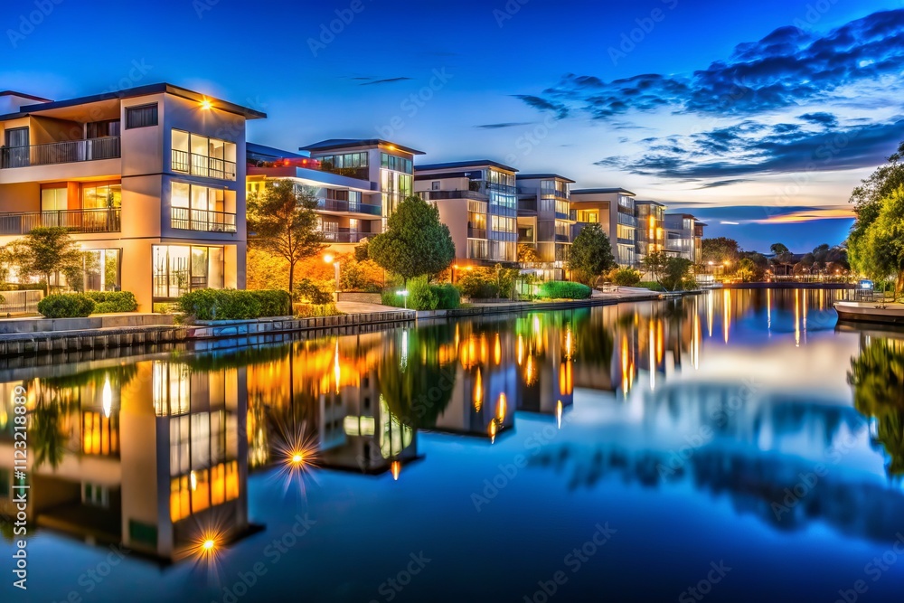 Fototapeta premium Night Photography of Caroline Springs Lake Surrounded by Modern Apartments and Luxury Houses, Showcasing Urban Living and Real Estate Development in a Vibrant Neighborhood