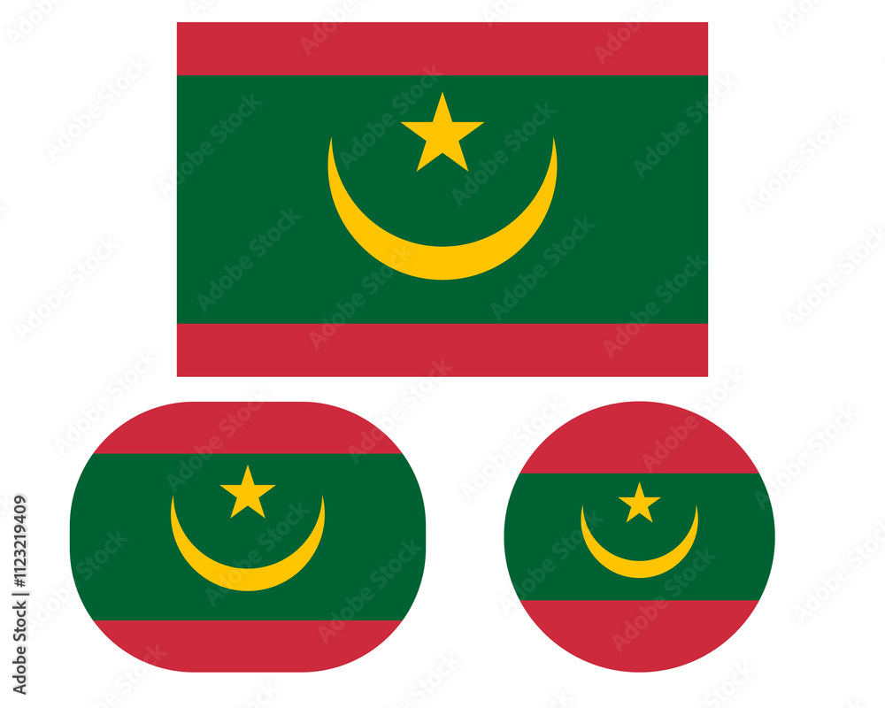 Flag in rectangle oval and circle, isolated png background. Flag of Mauritania Flag in rectangle oval and circle, isolated png background. Flag of Mauritania