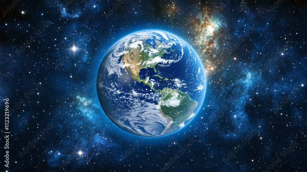 Obraz premium A cosmic perspective of Earth from high above, showing continents and glowing atmosphere.
