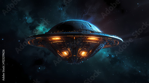 Unidentified Aerial Vehicle: A sleek, futuristic UFO, with glowing lights, hovers silently in the vast expanse of space, against a backdrop of swirling nebulae and a starry sky.  Intriguing. photo