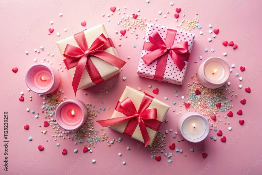 Romantic Valentine's Day Gift Box Arrangement on Pastel Pink Background with Heart-Shaped Candles and Colorful Sprinkles for Celebration Inspiration Romantic Valentine's Day Gift Box Arrangement on Pastel Pink Background with Heart-Shaped Candles and Colorful Sprinkles for Celebration Inspiration