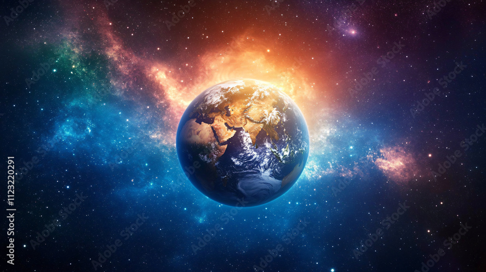 Fototapeta premium A cosmic perspective of Earth from high above, showing continents and glowing atmosphere.