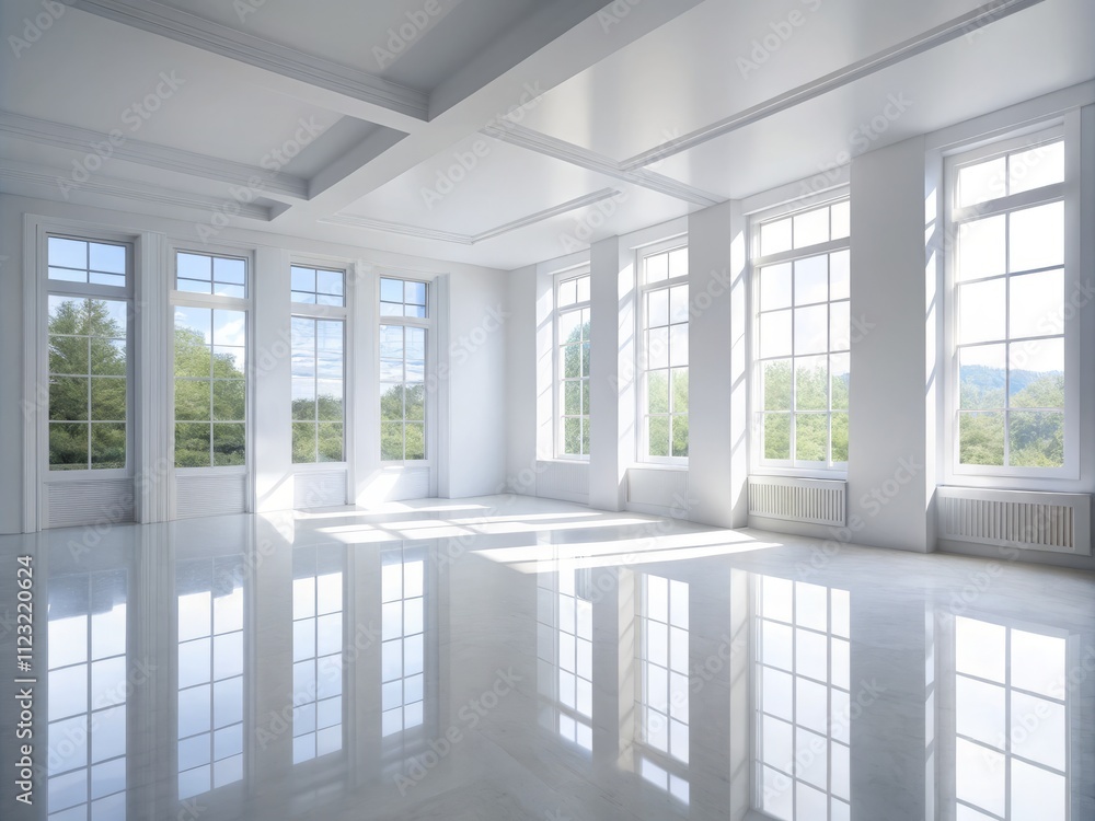 Fototapeta premium Serene Empty White Room with Large Windows and Gleaming White Floors Illuminated by Natural Light in a Tilt-Shift Photography Style for Interior Design Inspiration