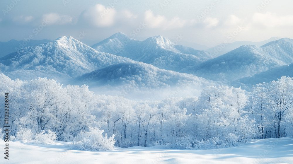 Fototapeta premium Breathtaking winter landscape, snow-covered mountains. The mountains are beautifully white by the fresh snowfall. Forest on the mountain slopes. Soft light illuminates the scene, enhancing the tranqui