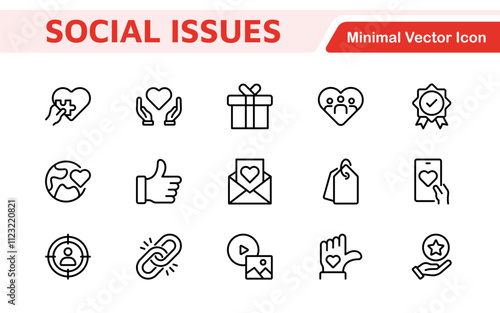Social Issues Icon Set. Thought-provoking and impactful icons designed to raise awareness and promote engagement, perfect for enhancing campaigns, websites, and educational materials.
