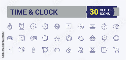 Time And Clock linear icon collection. Includes thin line hourglass, timer, speed, watch, number, management, alarm and more. Simple icon designs. Editable stroke. Vector illustration.