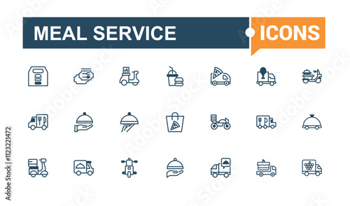 Meal Service line icon collections. Featuring truck, line, colorful, online, send, web, motorcycle, catering. Minimalist thin linear icon. Solid line editable stroke. Vector line and solid icons.