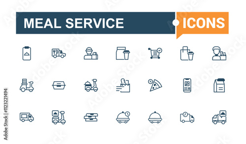 Meal Service line icon collections. Featuring truck, line, colorful, online, send, web, motorcycle, catering. Minimalist thin linear icon. Solid line editable stroke. Vector line and solid icons.