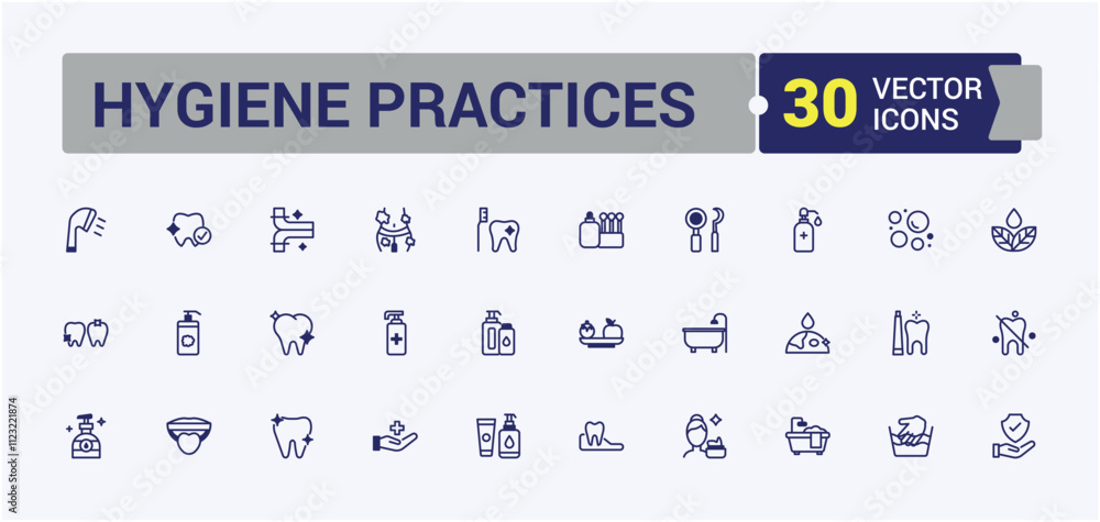 Naklejka premium Hygiene Practices vector line icon set. Featuring prevention, cleaning, hygiene, antibacterial, healthy and more. Solid line editable vector illustration.