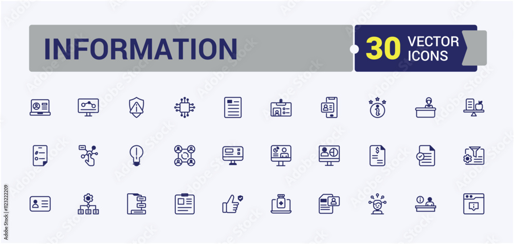 Naklejka premium Information vector line icon set. Contains related to email, help, guide, instruction, technology, news and more. Set of line pictogram. Editable vector icon and illustration.