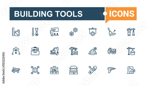 Set of Building Tools line icons. Contains related to tool box, tools, carpenter, construction tools, construction, builder and more. Thin UI icon design. Vector icons editable stroke.