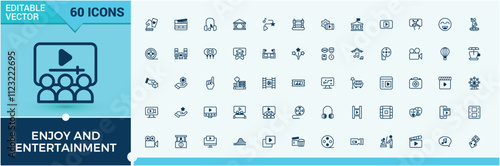 Set of Enjoy And Entertainment line icons. Featuring gift, holiday, enjoyment, birthday, festive, music, celebration and more. Pixel perfect. Solid line editable stroke. Vector line and solid icons.