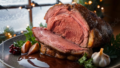 prime rib close-up food photography tender meat roasted garlic herbs rich gravy pink interior Christmas dinner holiday meal