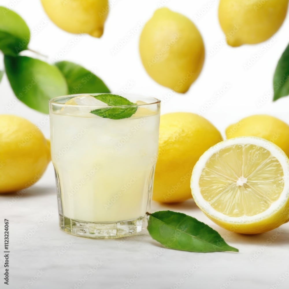 A close-up of a group of fresh lemons with green leaves on a white background.. A close-up of a group of fresh lemons with green leaves on a white background..