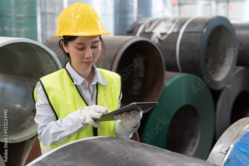 Asian woman worker inspecting quality rolls of galvanized or metal sheet. Woman worker working in warehouse of rolls stainless steel