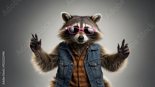 Raccoon wearing reflective sunglasses, standing upright with its paws raised. Ideal for meme creation, social media photo