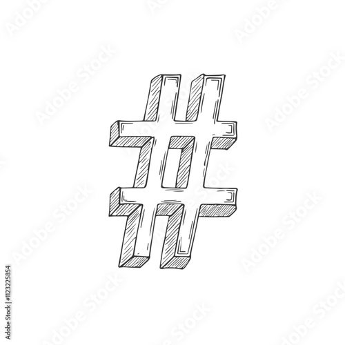 Hash Sign Symbol, Hand-Drawn Vector, Graphic Style, Cartoon Illustration, Black and White, Sketch Style, Isolated on White Background