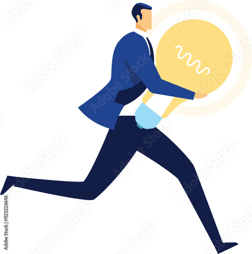 Businessman running swiftly while holding a large light bulb, symbolizing new ideas, innovation, and inspiration in the business world, representing solutions and creativity for success