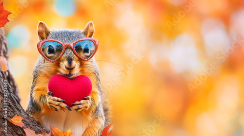 Squirrel with Heart in Sunglasses Surrounded by Autumn Leaves in Vibrant Colorful Background