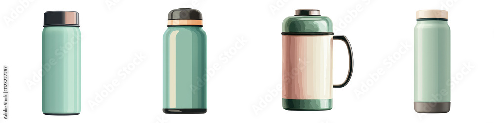 Obraz premium Detailed closeup view of a sleek and modern thermos flask designed for traveling and enjoying hot tea or other beverages on the go The thermos features a stainless steel or aluminum construction