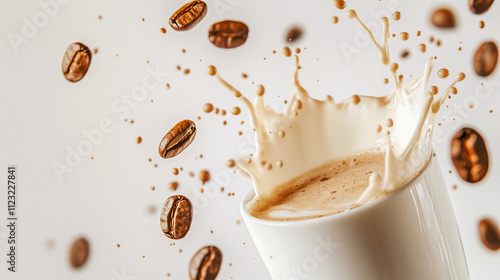 Close-up of coffee with milk splashing in a cup, surrounded by falling roasted coffee beans against a clean white background photo