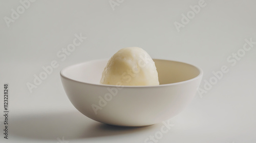 Close-up of traditional Indian rasgulla dessert served in a simple white bowl photo