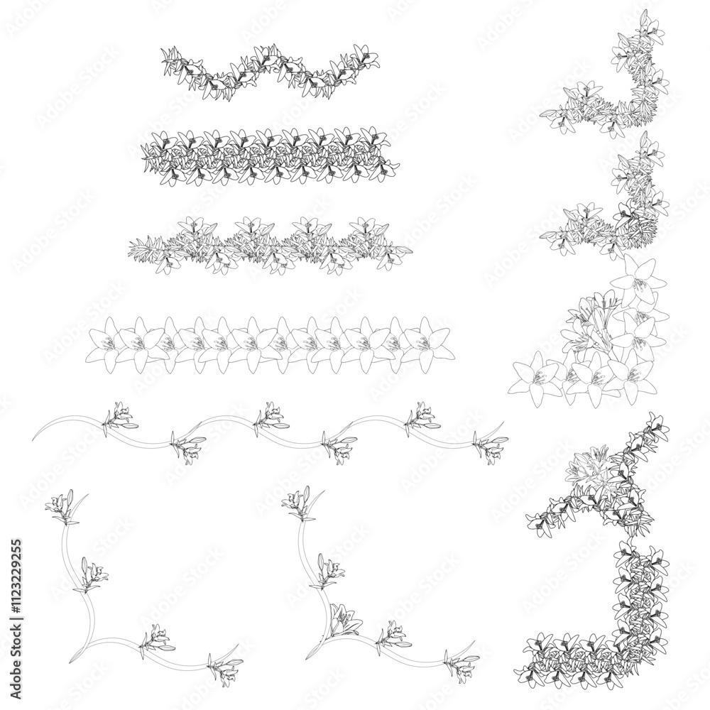 Obraz premium Set of borders and corners from lilies in doodle style. Elements for your design. Vector illustration isolated on white background.