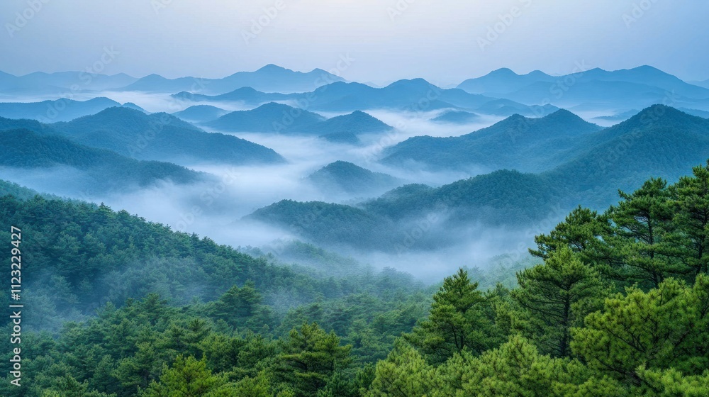 Misty mountain range at dawn. Misty mountain range at dawn.