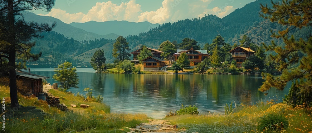 Serene Lake Houses Mountain Lake Bhutanese Village Rural Idyll Serene Lake Houses Mountain Lake Bhutanese Village Rural Idyll