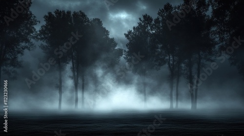 Misty, ominous forest at night, with dark silhouettes of trees and a soft, glowing light in the distance.