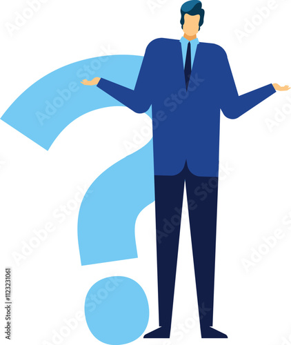 Businessman in a suit shrugging with a large question mark behind him, representing confusion, uncertainty, and the search for answers in business decision making