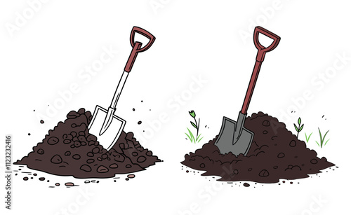 shovel in soil, Soil piles with a shovel. Cartoon set of brown dirt heaps. Vector illustration isolated on a white background, A shovel in a pile of soil