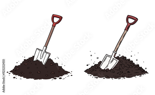 set of shovel, A shovel in a pile of soil, shovel and spade,