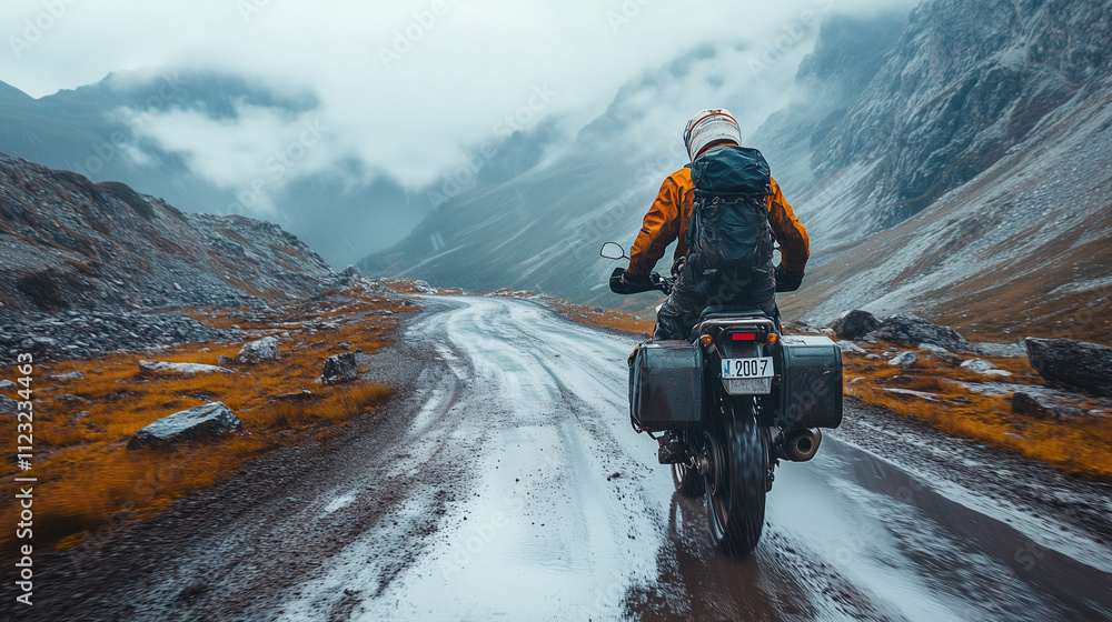 Obraz premium A motorcyclist rides on a dirt road in the mountains. Cloudy weather. Off-road enduro touring