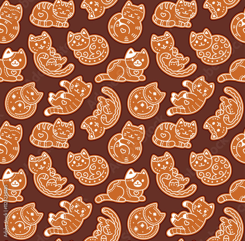 Cute cartoon gingerbread cat cookie seamless pattern. Simple, adorable hand drawn doodles on brown background. Christmas vector illustration.