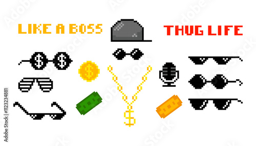 Set of pixelated gangster attributes of street rappers. Boss pixel attributes, sunglasses, hip hop baseball cap, money, gold chain.