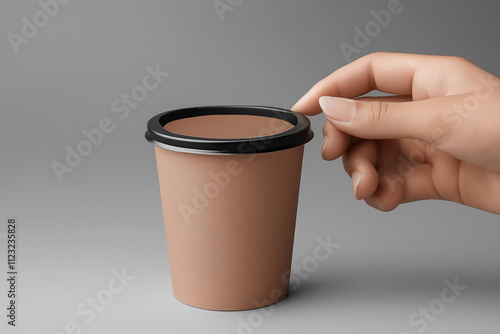 hand  reachout  a mocha mousse colored disposable coffee cup, focus on sustainable lifestyle and eco friendly materials, color of the year  2025 photo