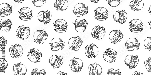 doodle burger pattern background. doodle fast food burger seamless pattern background. seamless pattern of burger in doodle style. Seamless Pattern of a Cheese Burger or Hamburger. hamburger pattern.