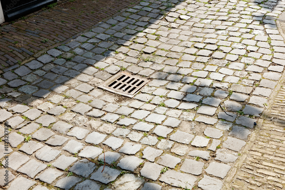 Fototapeta premium Cobblestone pavement with a metal drain cover. Small plants and debris are scattered. Sunlight casts shadows.