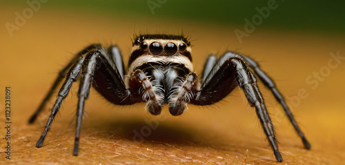 Wallpaper Mural A detailed view of a jumping spider showcases its unique fur patterns and large eyes. The spider rests on a surface, highlighting its remarkable features in natural light Torontodigital.ca