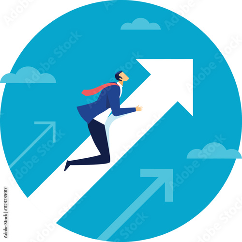 Businessman running along a giant upward arrow symbolizing career progression, achieving business goals, and experiencing financial growth in a competitive market