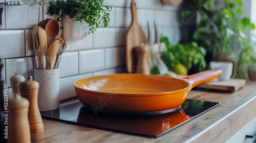 Contemporary orange nonstick frying pan, designed for kitchen use, showcasing its sleek appearance and functionality photo