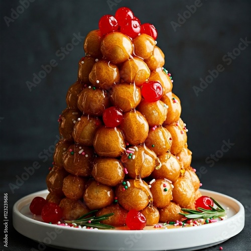 Tower of struffoli drizzled with honey and topped with candied cherries photo