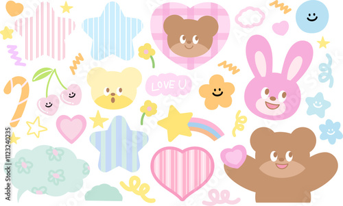 Cute illustration of bunny, teddy bear, heart, cherry, candy, flower, star, rainbow for animals, zoo, souvenir shop, happy easter, cute patch, kid doll, sticker, cartoon character, mascot, comic, icon