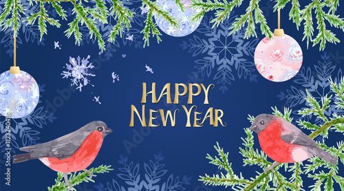 watercolor happy new year banner with couple of bullfinches perching on branches of fir tree.