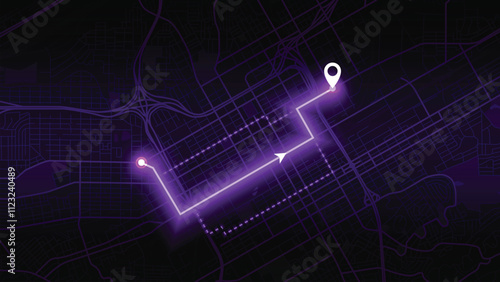 purple neon GPS road map of Birmingham with the arrow that moves to the point of destination