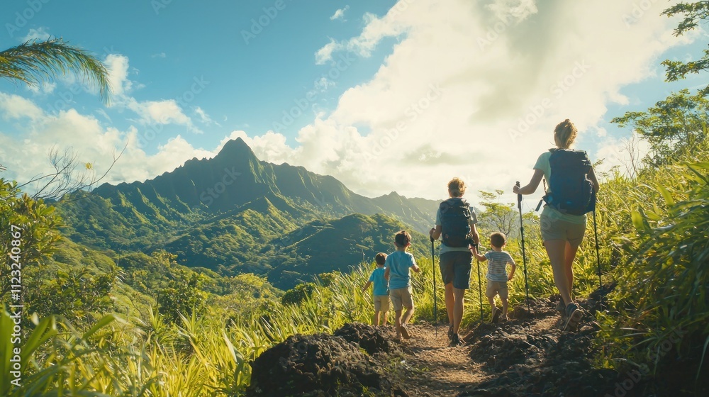 Obraz premium Family Hiking Tropical Mountain Trail Adventure